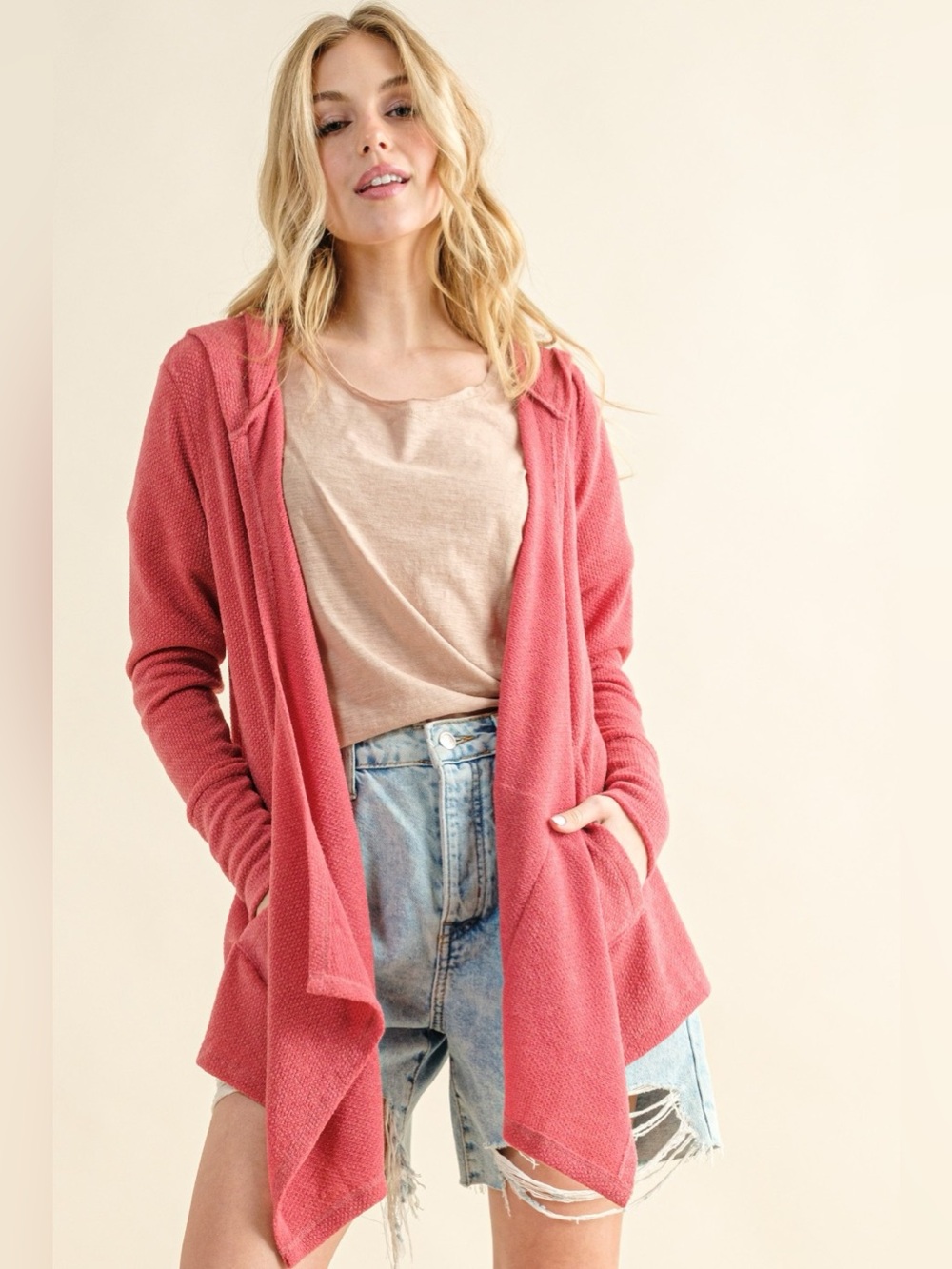 And The Why Full Size Thermal Hooded Open Front Cardigan with Pockets